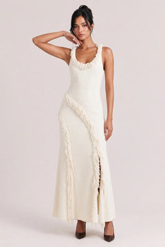 Tweed Knit Scoop Neck Sleeveless Fringe Trim Slit Maxi Dress [erp-image:84e3fc568b0c775090487b41]