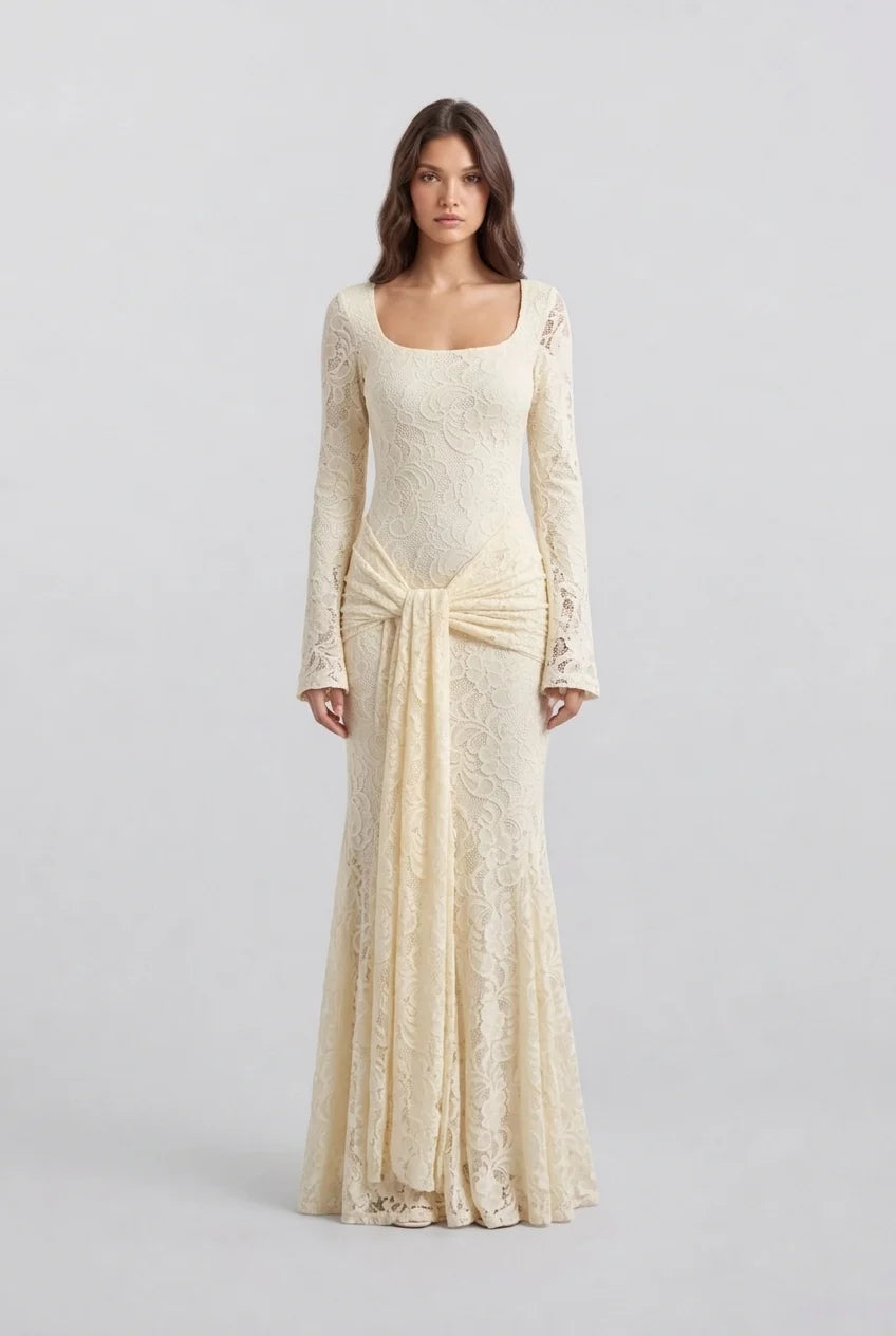 Butter Yellow Floral Lace Long Sleeve Maxi Dress with Draped Waist Sash [erp-image:225b3f6b7d7e894a0a1719da]