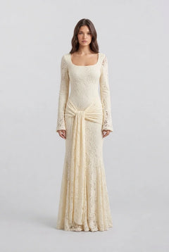 Butter Yellow Floral Lace Long Sleeve Maxi Dress with Draped Waist Sash [erp-image:225b3f6b7d7e894a0a1719da]