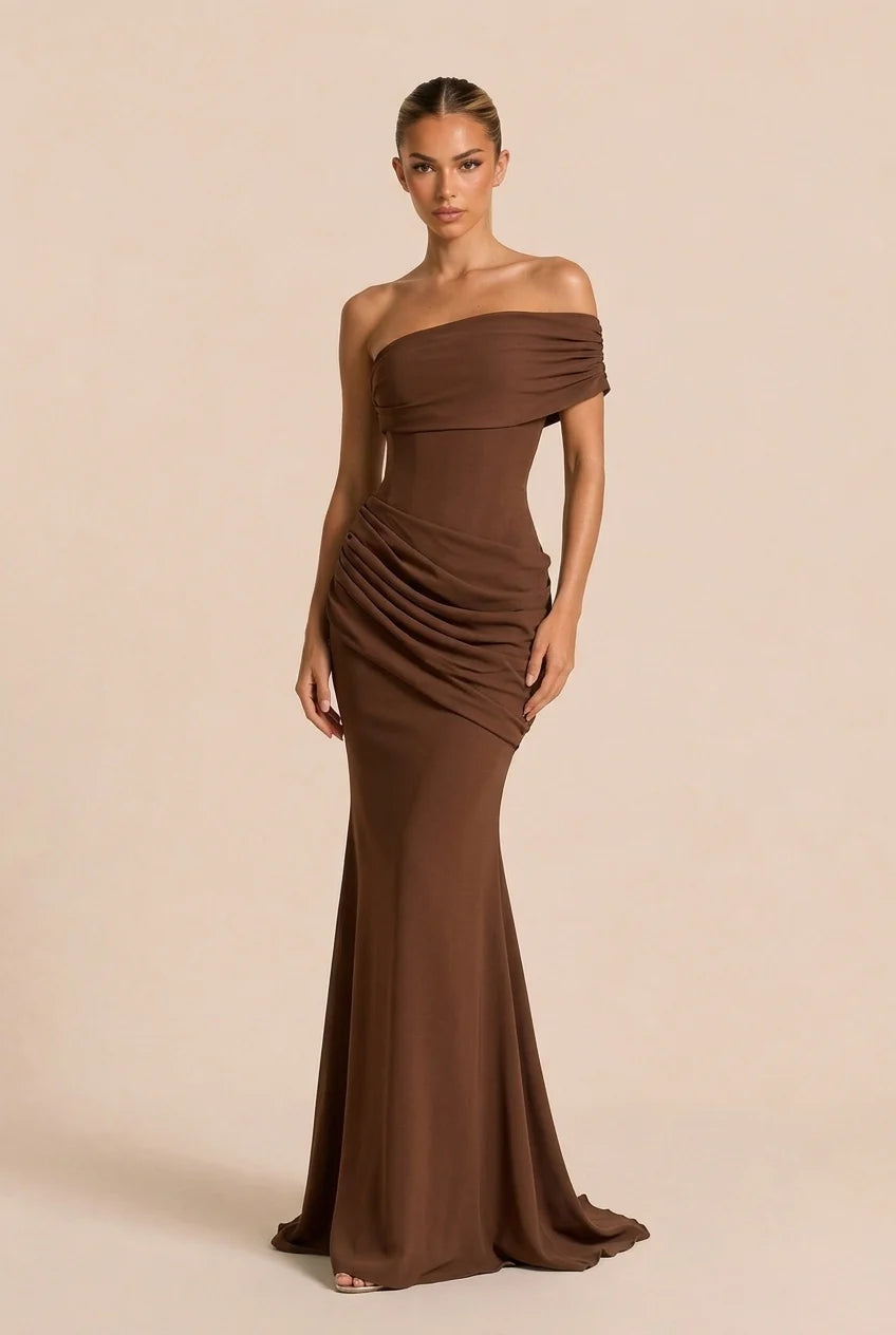 Brown Asymmetric Corset Lace-Up Draped Mermaid Maxi Evening Dress [erp-image:5d26d094c4738fa78101c607]