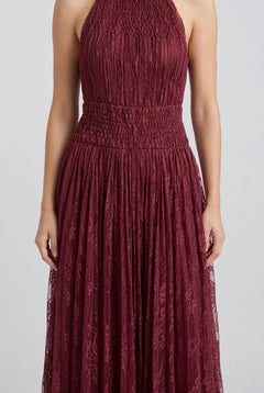 Burgundy Halter High Neck Pleated Mesh Sleeveless Maxi Evening Dress [erp-image:1179998f0131b24c9aa1aa63]