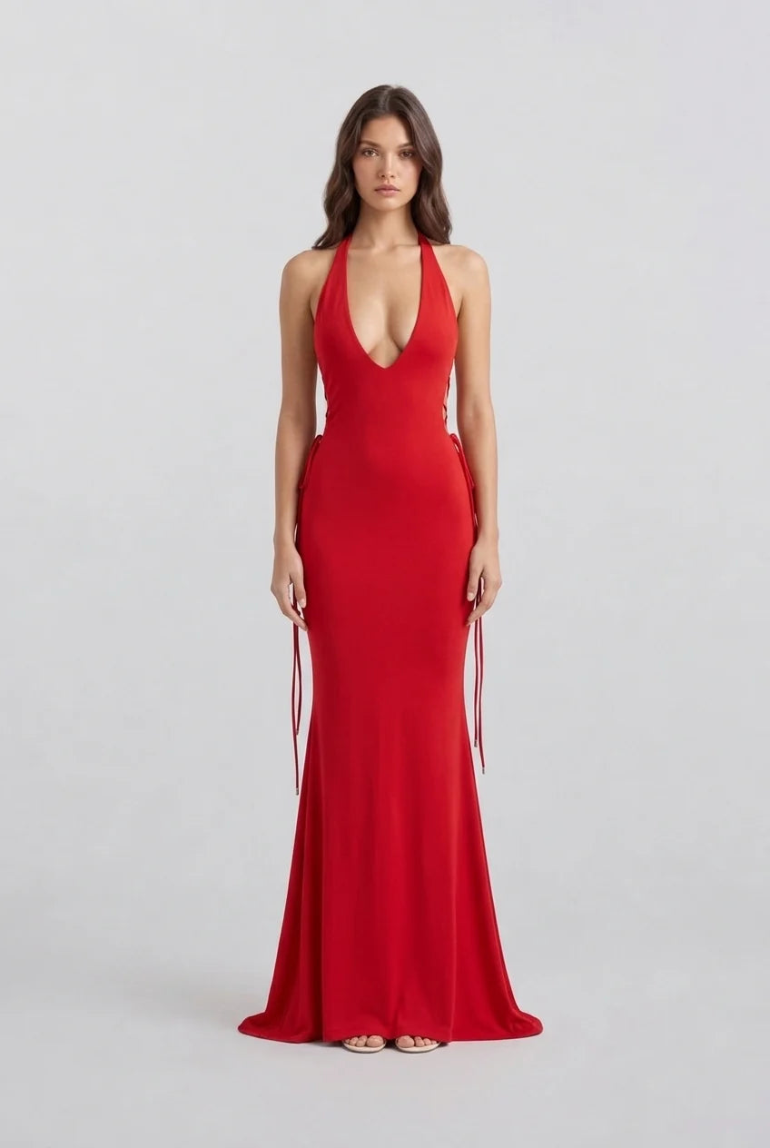 Deep V Neck Halter Sleeveless Floor Length Red Formal Evening Maxi Dress [erp-image:3cb7e8c7f4859392ecacd324]