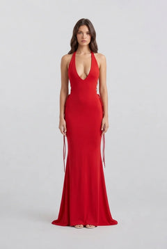 Deep V Neck Halter Sleeveless Floor Length Red Formal Evening Maxi Dress [erp-image:3cb7e8c7f4859392ecacd324]