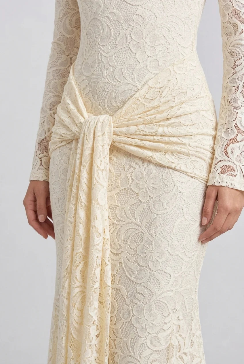 Butter Yellow Floral Lace Long Sleeve Maxi Dress with Draped Waist Sash [erp-image:512e79ec3f4628f6843ba683]