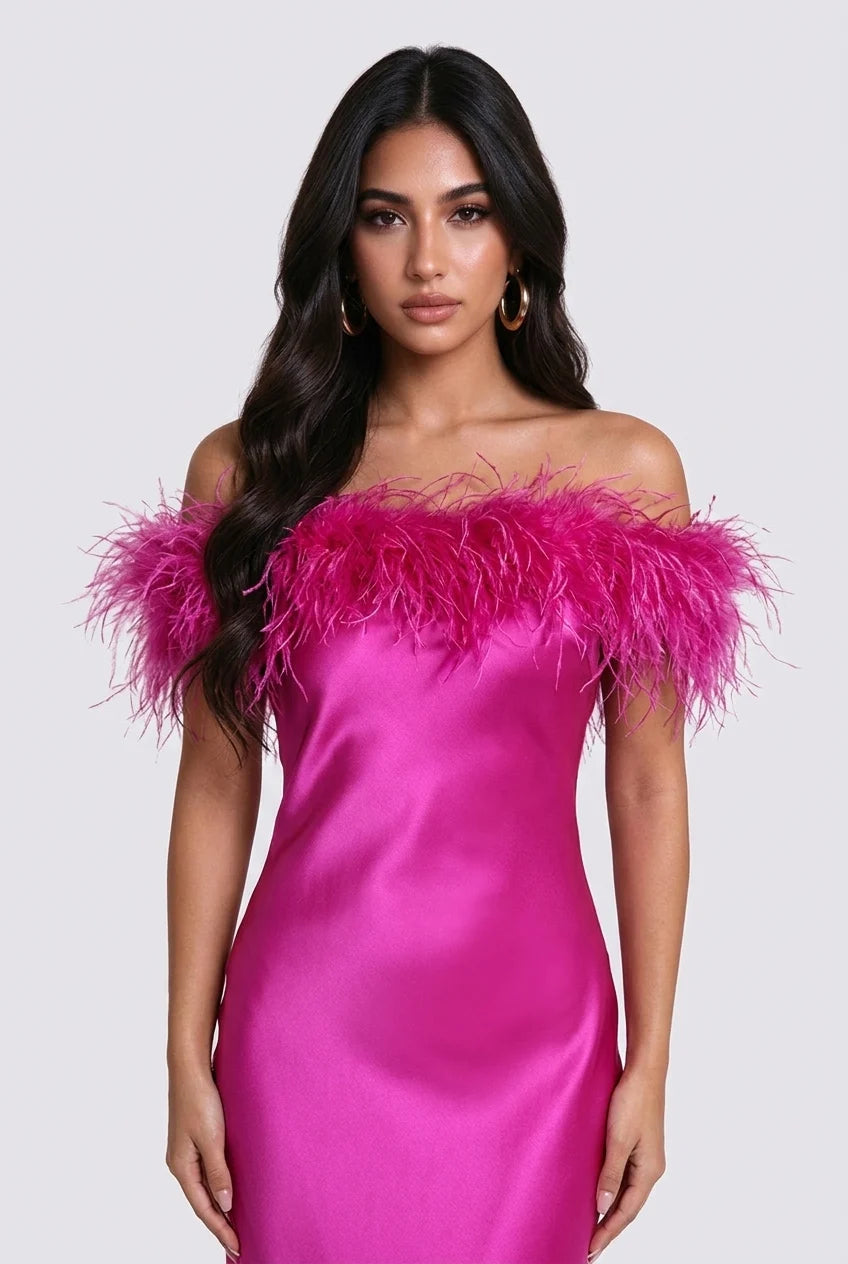 Feather Trim Off-the-Shoulder Satin Column Maxi Dress [erp-image:890d1a0c79719372442e64d7]
