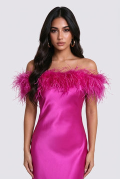 Feather Trim Off-the-Shoulder Satin Column Maxi Dress [erp-image:890d1a0c79719372442e64d7]