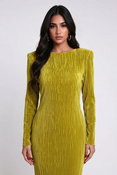 Long Sleeve Pleated High Low Dress with Sculptural Ruffle Hem [erp-image:d2f686bb8ba039c280b4d982]