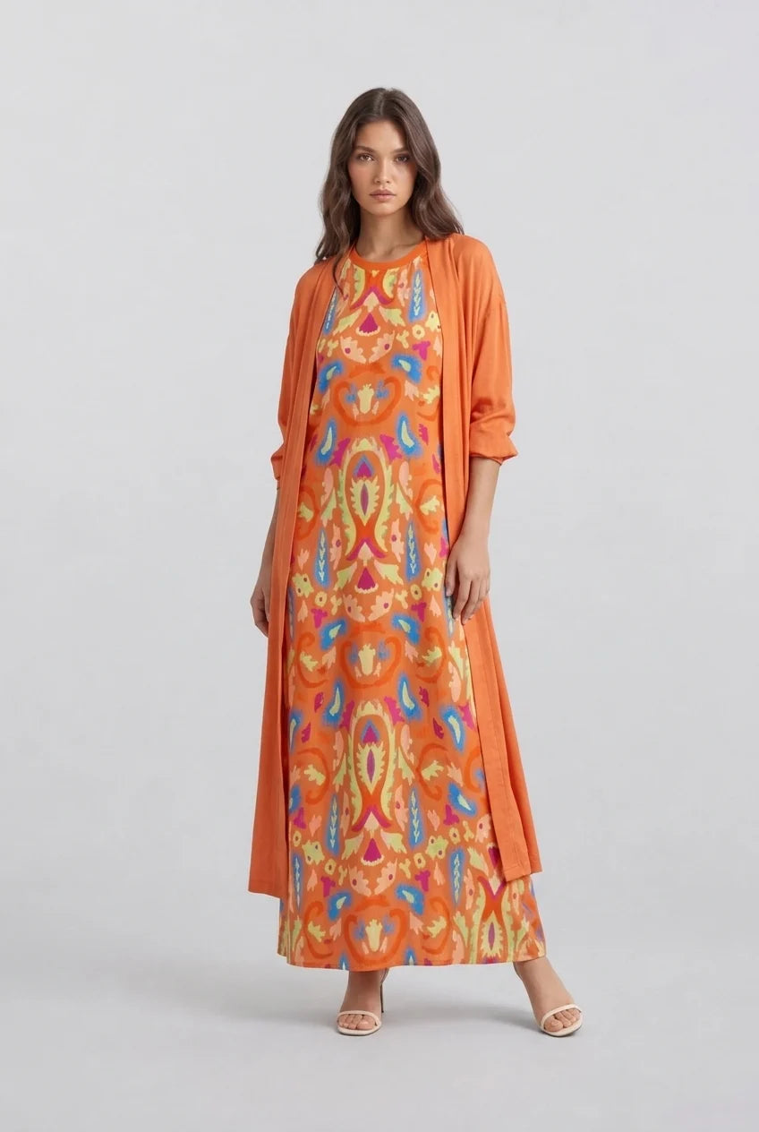 Women's Orange Boho Print Sleeveless Maxi Dress and Long Cardigan Two Piece Outfit Set [erp-image:ce54cc8a0b6e5ac668841d2d]