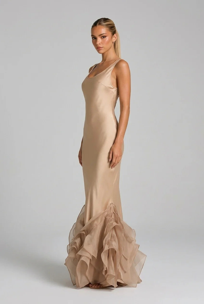 Champagne Satin Sleeveless Scoop Neck Ruffle Mermaid Maxi Evening Dress [erp-image:f7fdf43e2d9990c6713c9de6]