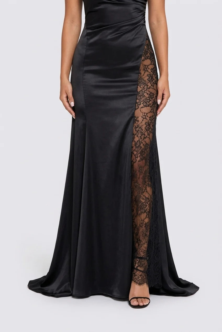 Women's One Shoulder Black Satin Maxi Dress with Sheer Lace Insert Panel [erp-image:bb3c473bbd4e1651db71562c]