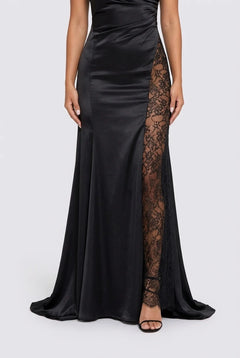 Women's One Shoulder Black Satin Maxi Dress with Sheer Lace Insert Panel [erp-image:bb3c473bbd4e1651db71562c]
