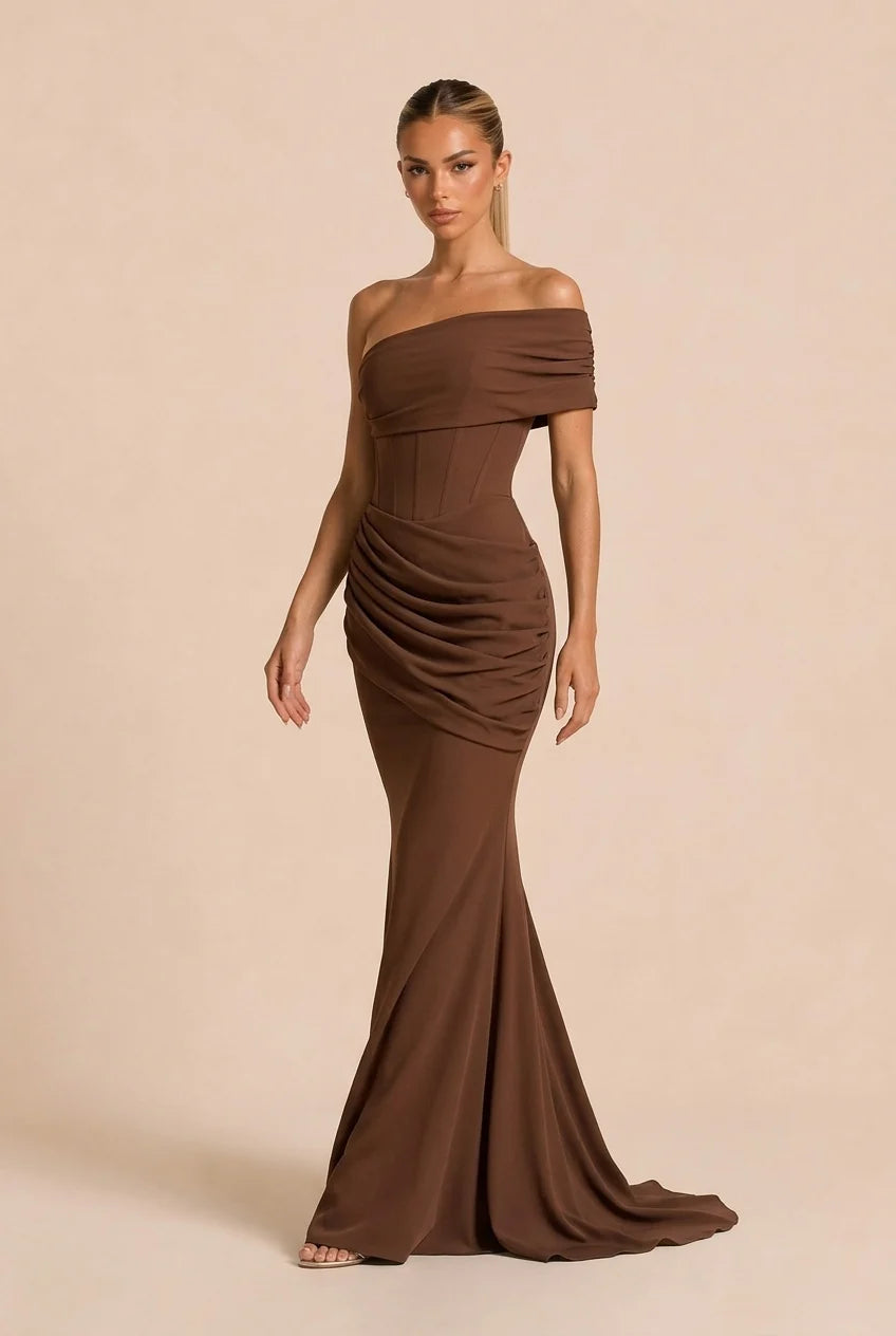 Brown Asymmetric Corset Lace-Up Draped Mermaid Maxi Evening Dress [erp-image:80bcdfe001b1fb4e05a27861]