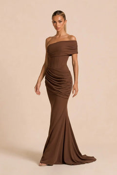 Brown Asymmetric Corset Lace-Up Draped Mermaid Maxi Evening Dress [erp-image:80bcdfe001b1fb4e05a27861]