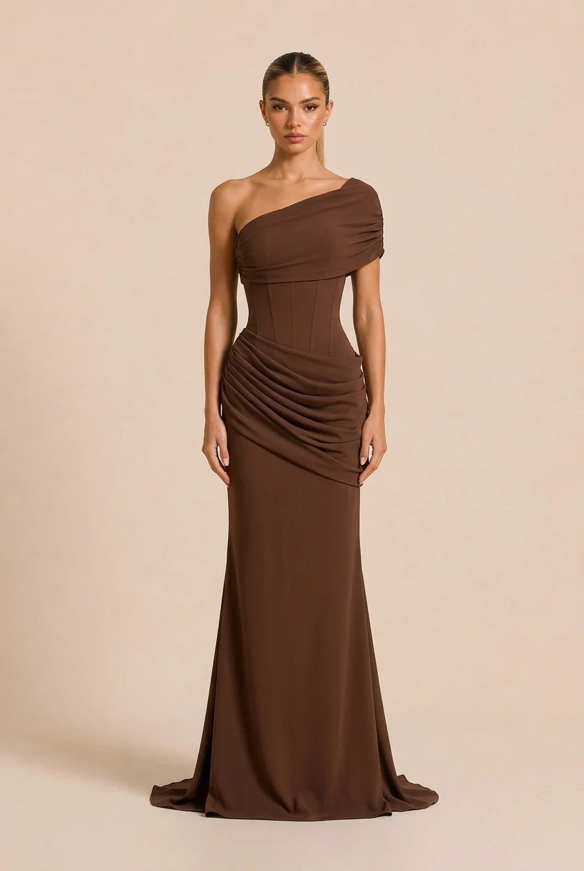 Brown Asymmetric Corset Lace-Up Draped Mermaid Maxi Evening Dress [erp-image:c996e0042843b2403ed35b65]