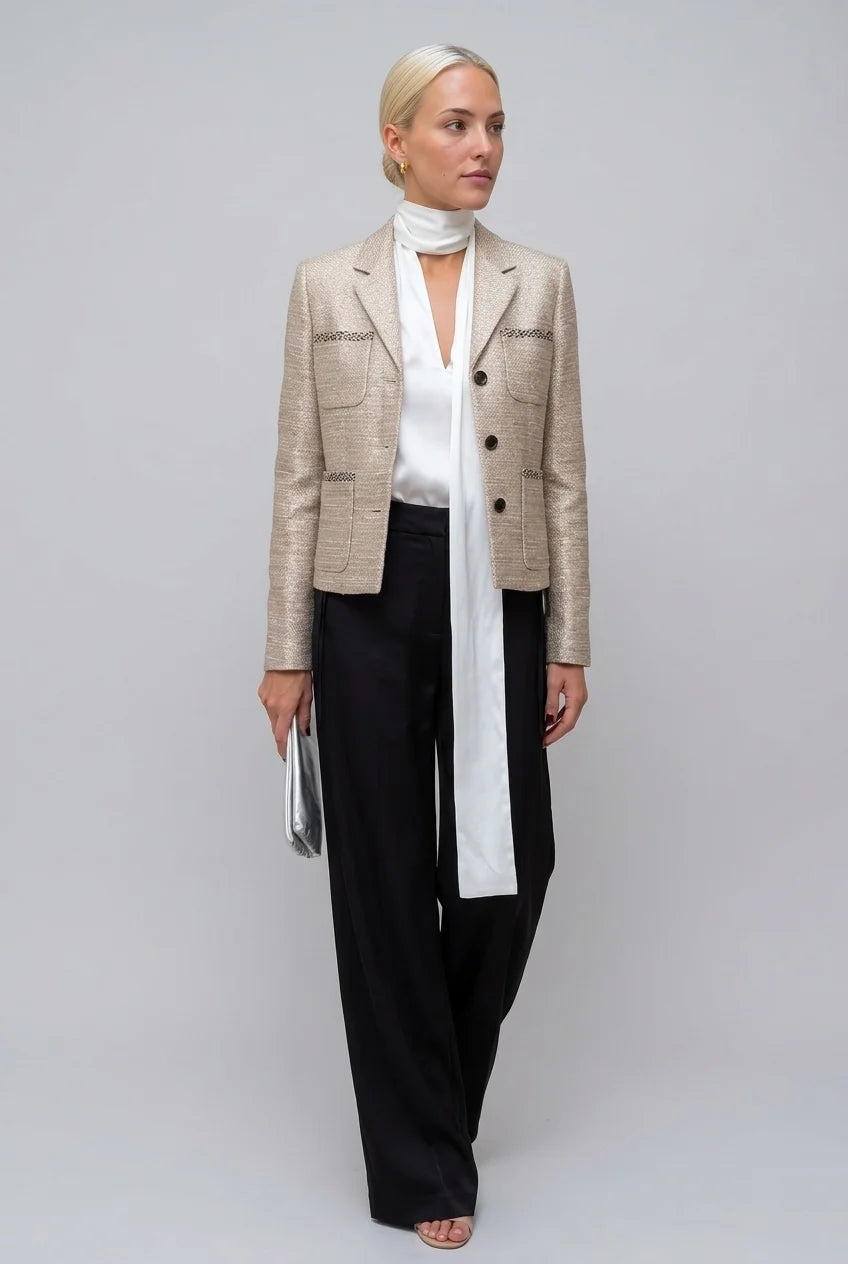 Women's Metallic Textured Tweed Blazer Jacket with Notched Lapel and Pockets [erp-image:bbb92ec5896377f3b15bf175]