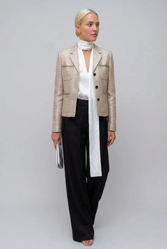 Women's Metallic Textured Tweed Blazer Jacket with Notched Lapel and Pockets [erp-image:bbb92ec5896377f3b15bf175]