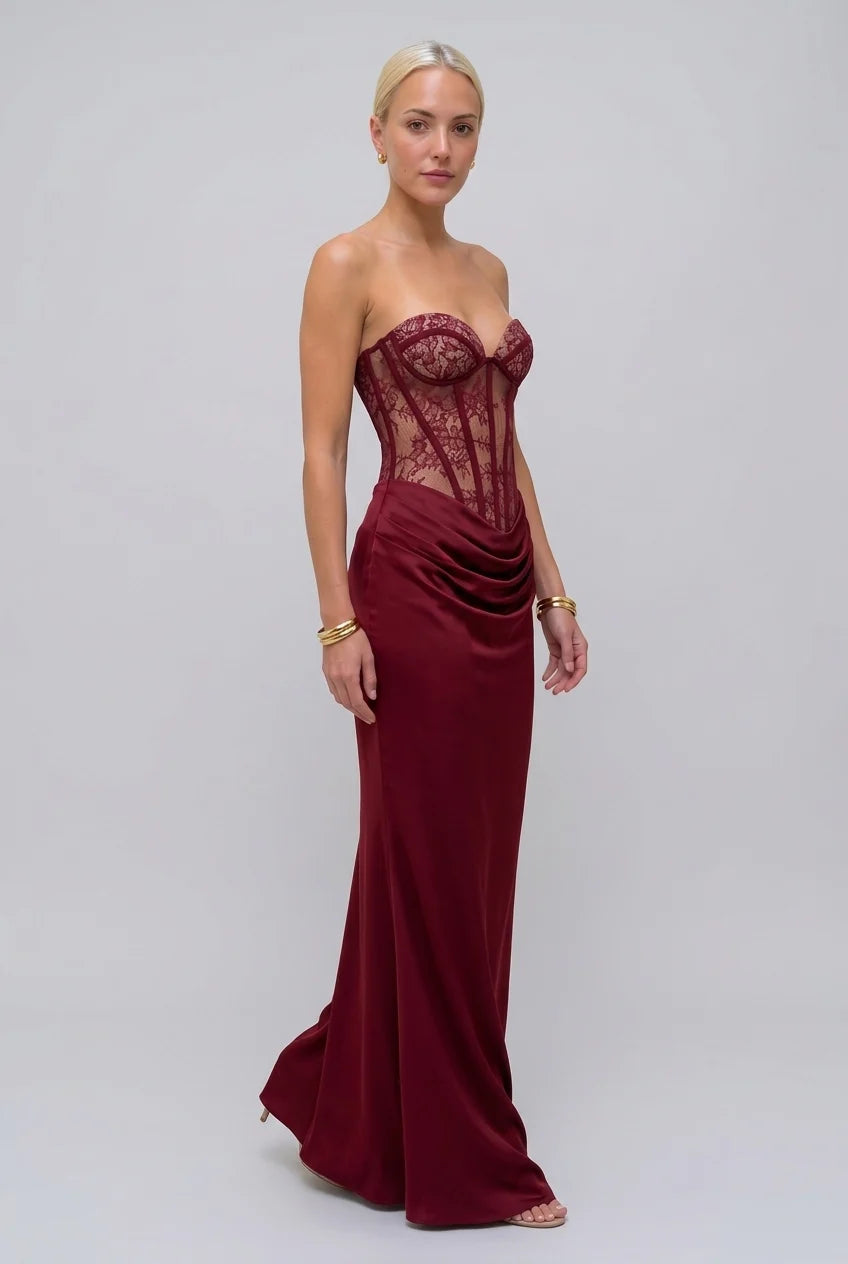 Burgundy Strapless Lace Corset Draped Bodice Floor Length Evening Maxi Dress [erp-image:cd72652d4340ccde61eaea4e]