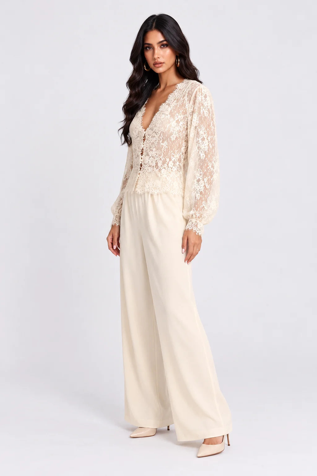 Sheer Floral Lace Deep V-Neck Long Sleeve Blouse Top [erp-image:8f97eca5d45199219e2754c1]