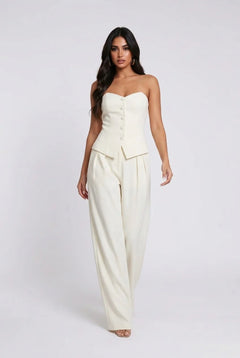 White Strapless Button Front Vest and Pleated Wide Leg Pants Two Piece Set [erp-image:9e033c741e4837309c0b9f00]