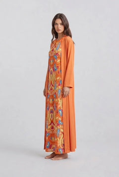 Women's Orange Boho Print Sleeveless Maxi Dress and Long Cardigan Two Piece Outfit Set [erp-image:d6a7d83f4a51df28ceee6f50]