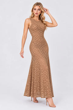 Sleeveless Crew Neck Lace Column Maxi Dress in Tan [erp-image:09cbf6296a58c826213e4bfa]