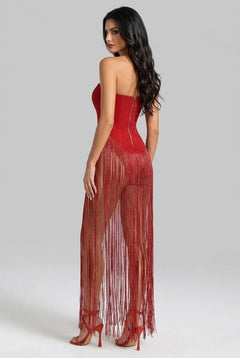 Red Strapless Bandeau Fringe Tassel Maxi Evening Dress [erp-image:03807bf5116bbfe69ac36fb7]