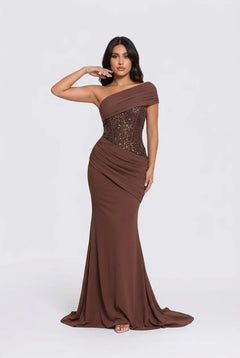 Brown One Shoulder Sequin Corset Draped Mermaid Maxi Evening Gown [erp-image:0c8a8c907587172d34cd5e77]