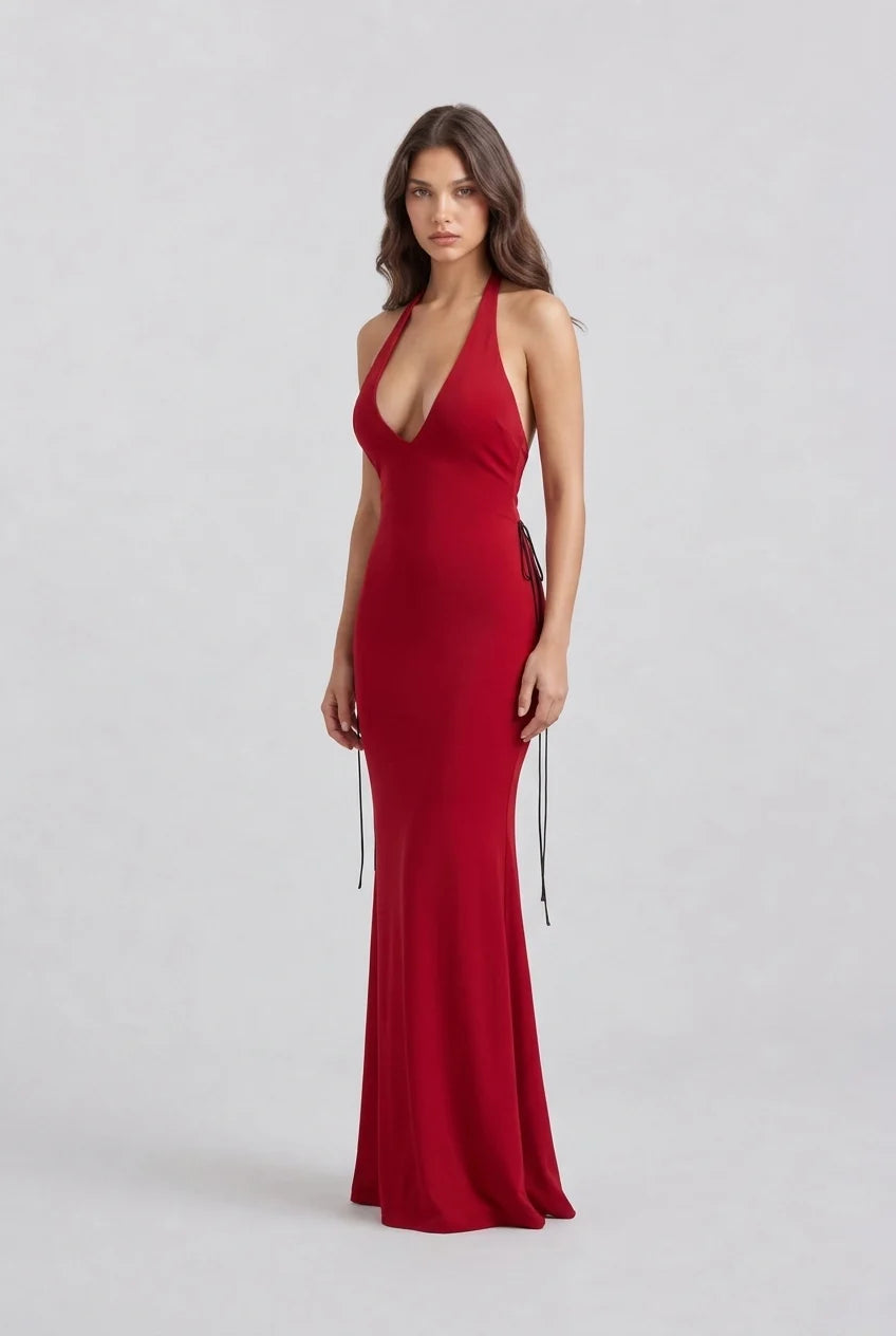 Deep V Neck Halter Sleeveless Floor Length Red Formal Evening Maxi Dress [erp-image:23d458949ec3ef8385030df5]