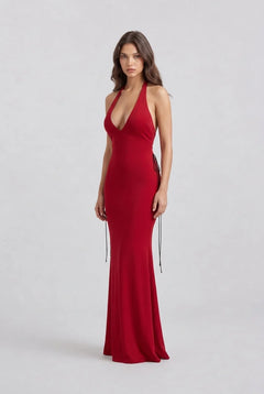 Deep V Neck Halter Sleeveless Floor Length Red Formal Evening Maxi Dress [erp-image:23d458949ec3ef8385030df5]