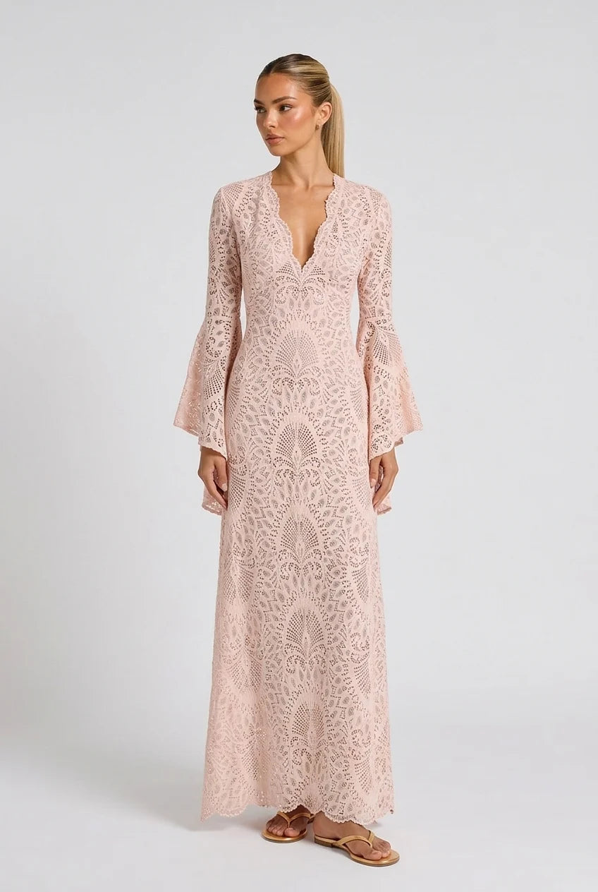 Women's V-Neck Bell Sleeve Scalloped Lace Floor Length Maxi Dress in Blush Pink [erp-image:ecc773b5257ead840d84c634]