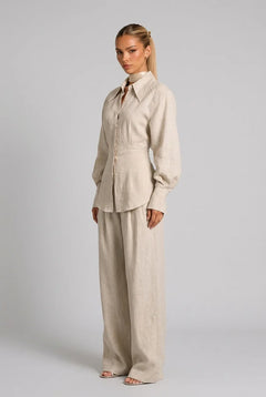 Long Sleeve Button Down Shirt and Wide Leg Pants Two Piece Set [erp-image:3ff644a6aba514f47031123e]