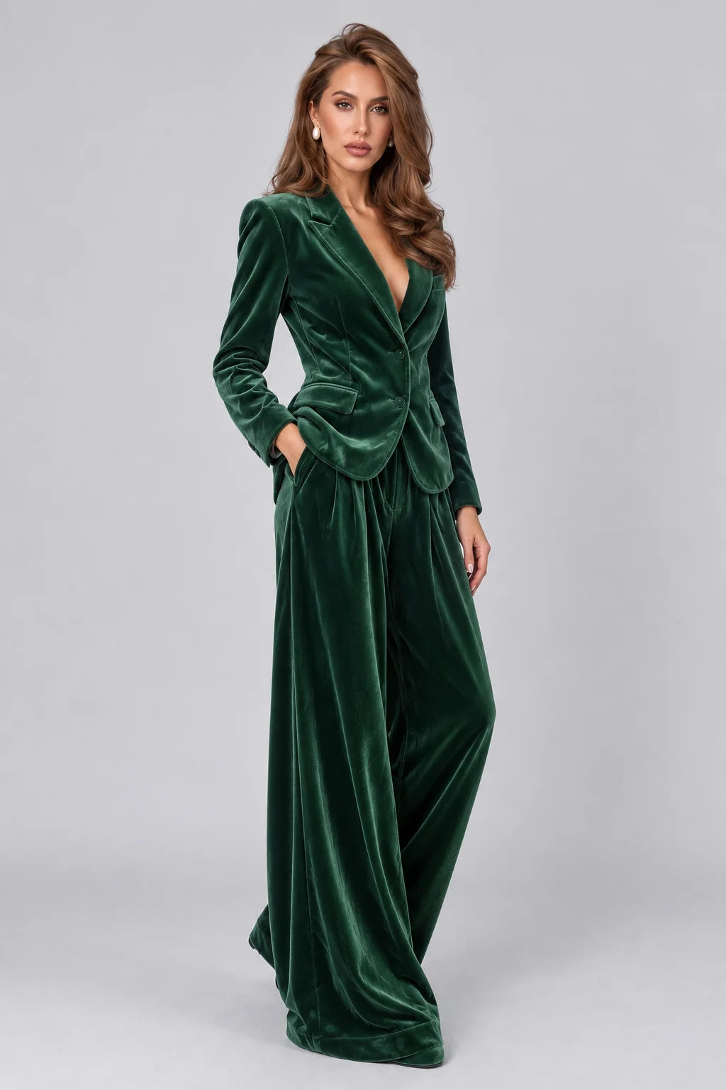 Women's Velvet Notch Lapel Blazer and Wide Leg Trousers Two Piece Suit Set [erp-image:bf1f11e6015deedebcc2c861]