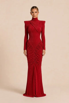 Red Glitter High Neck Ruched Long Sleeve Maxi Evening Dress with Shoulder Pads [erp-image:0a811acc527f056bf7d16bb9]