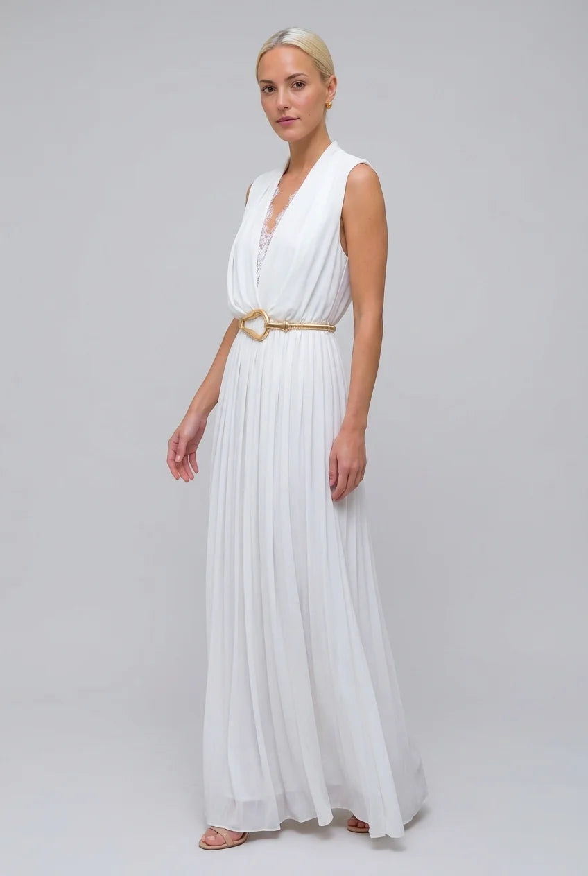 Sleeveless Deep V-Neck Lace Trim Pleated Maxi Dress in White [erp-image:027b2f09cf140e88be86b55c]