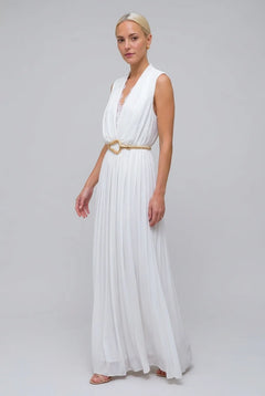 Sleeveless Deep V-Neck Lace Trim Pleated Maxi Dress in White [erp-image:027b2f09cf140e88be86b55c]