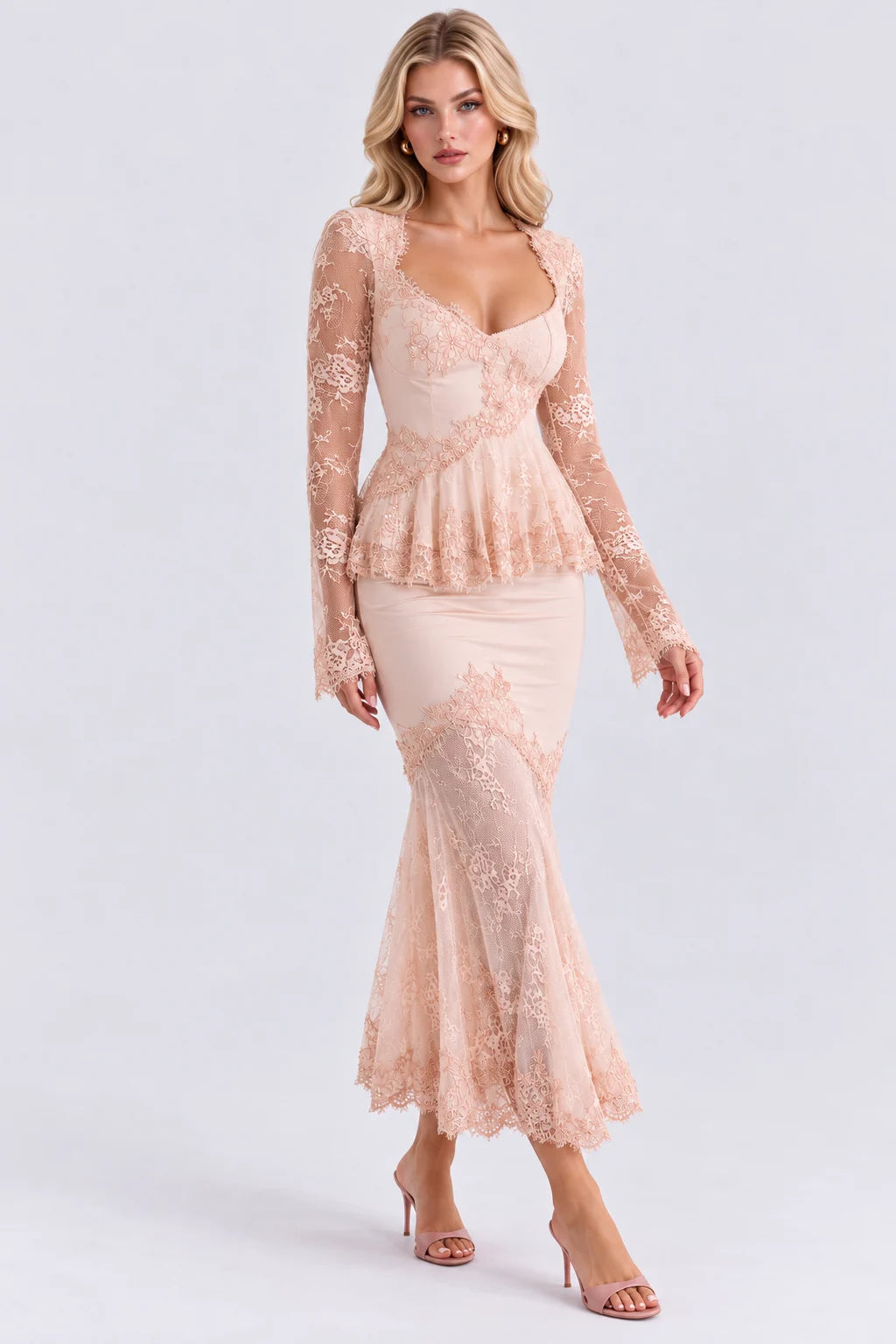 Lace Long Sleeve Peplum Top and Mermaid Midi Skirt Two Piece Set [erp-image:d7310abc828a900538a0c0d7]