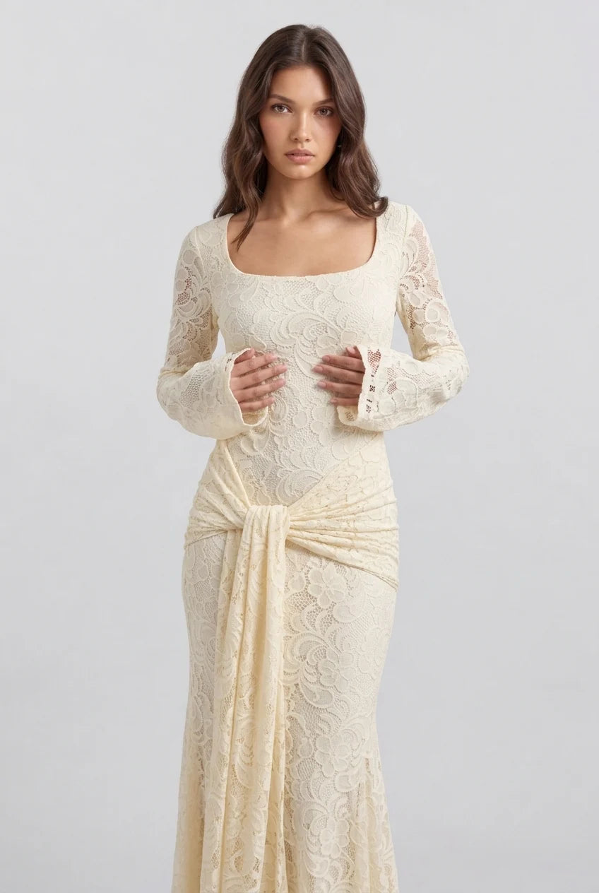 Butter Yellow Floral Lace Long Sleeve Maxi Dress with Draped Waist Sash [erp-image:3a553a9229792e5e27dc702a]