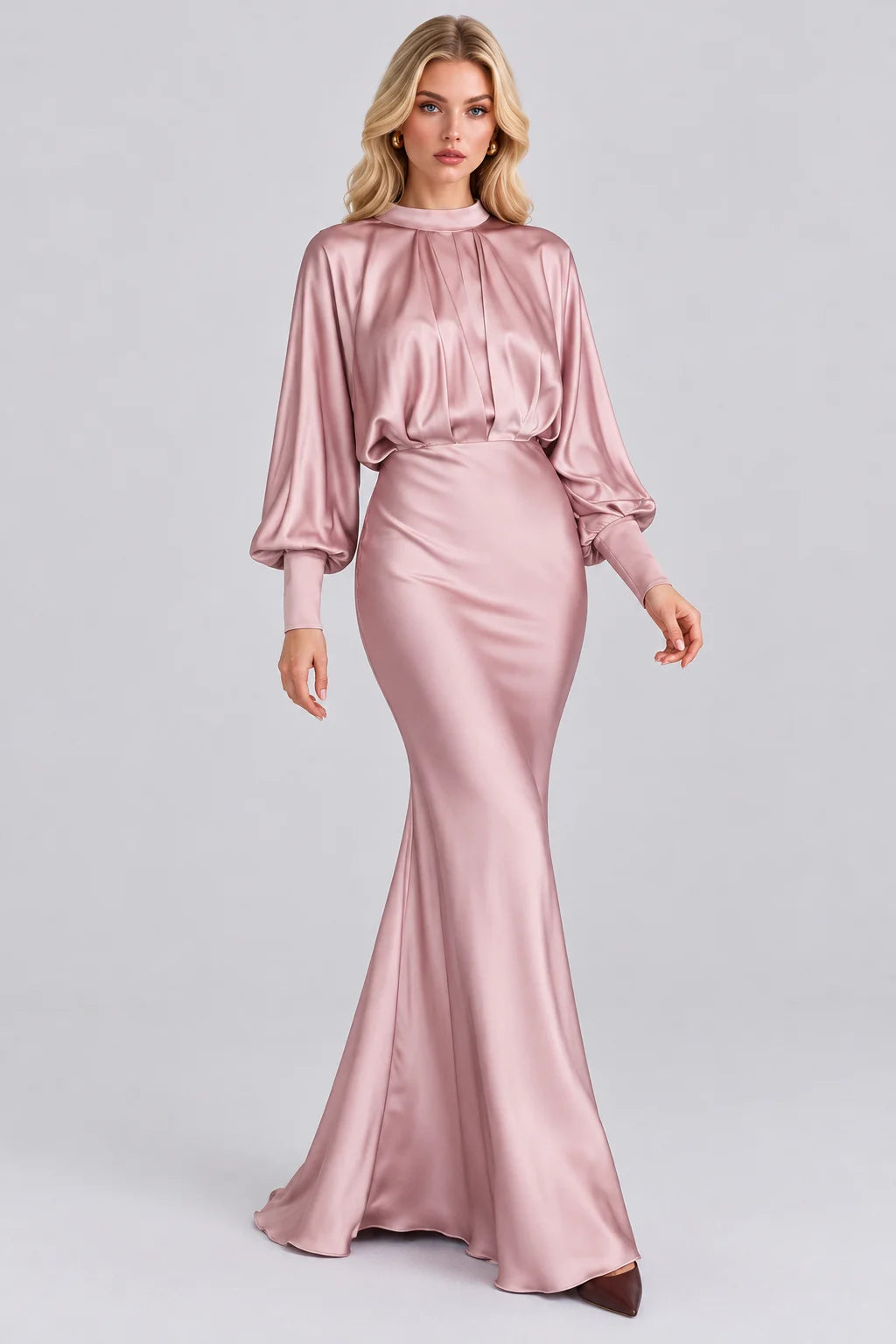 High Neck Bishop Sleeve Gathered Bodice Satin Maxi Dress [erp-image:c87a2b63c1984e694e63f992]