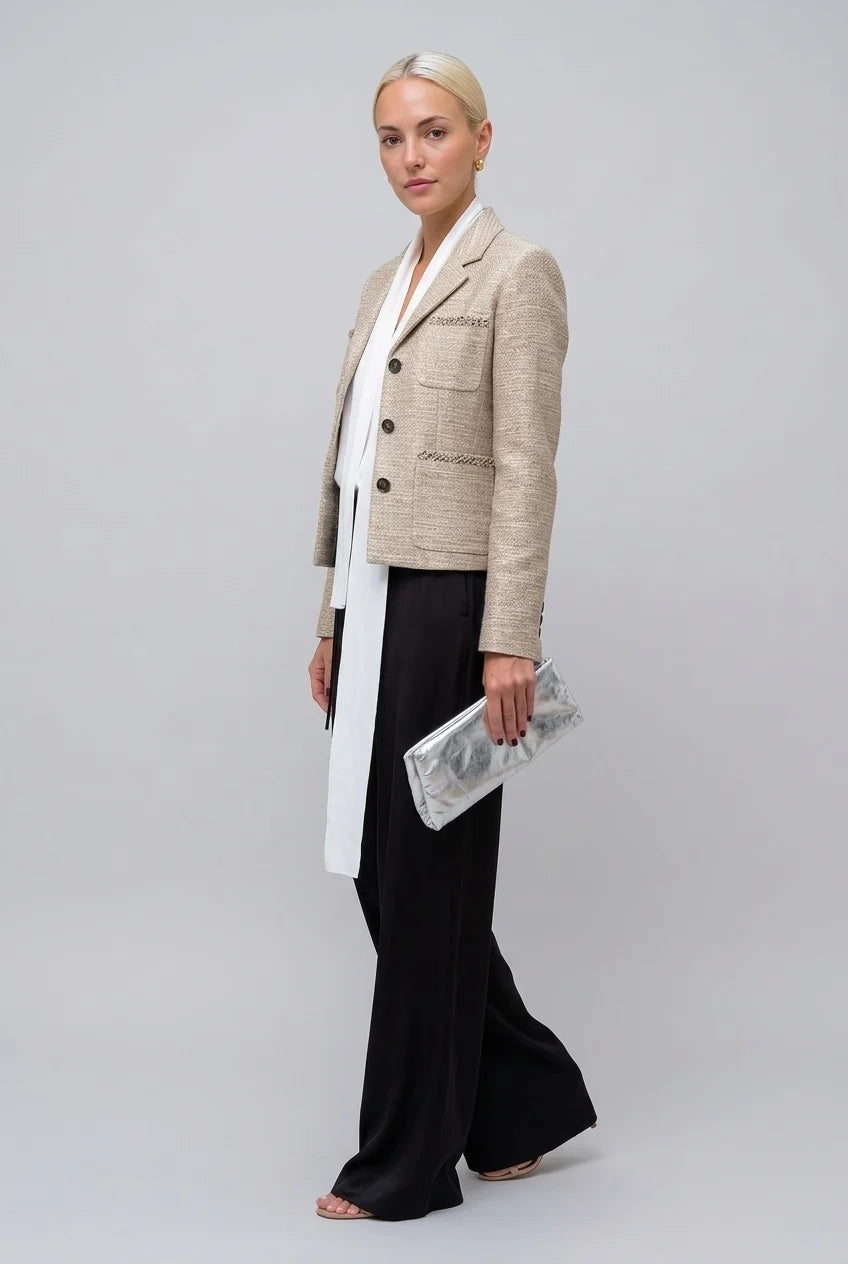 Women's Metallic Textured Tweed Blazer Jacket with Notched Lapel and Pockets [erp-image:9b309ea1e231b00ac3d56618]