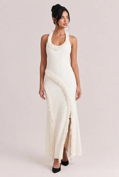 Tweed Knit Scoop Neck Sleeveless Fringe Trim Slit Maxi Dress [erp-image:c956d256b4e3f642aa05e44a]