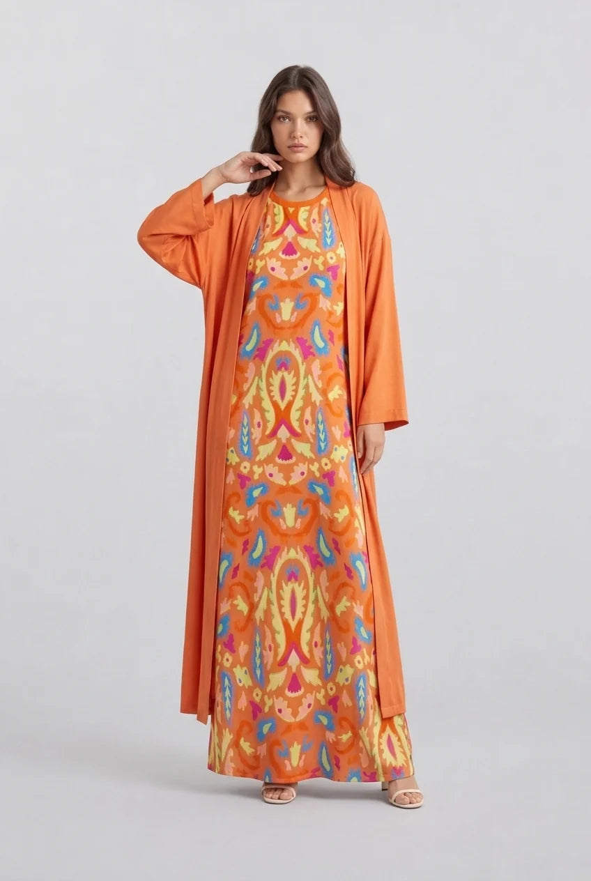 Women's Orange Boho Print Sleeveless Maxi Dress and Long Cardigan Two Piece Outfit Set [erp-image:aa28a0208d470ec04c97ce16]