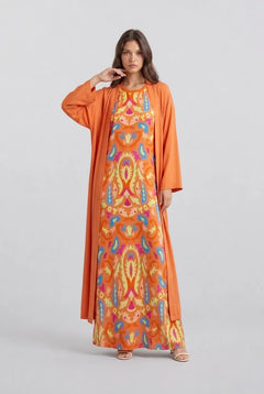 Women's Orange Boho Print Sleeveless Maxi Dress and Long Cardigan Two Piece Outfit Set [erp-image:aa28a0208d470ec04c97ce16]