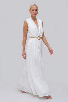 Sleeveless Deep V-Neck Lace Trim Pleated Maxi Dress in White [erp-image:c25410e88b46fc56abfc449e]