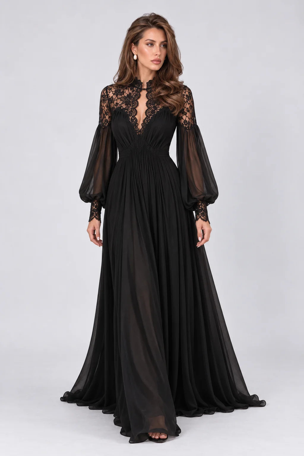Black Lace Panel Long Lantern Sleeve Floor Length Evening Maxi Dress [erp-image:cd59a74930fb5cd524138e45]
