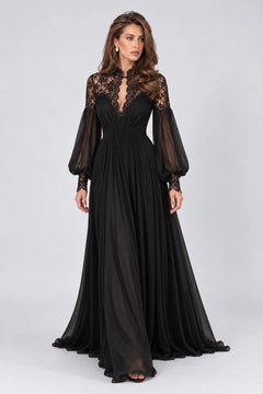 Black Lace Panel Long Lantern Sleeve Floor Length Evening Maxi Dress [erp-image:cd59a74930fb5cd524138e45]