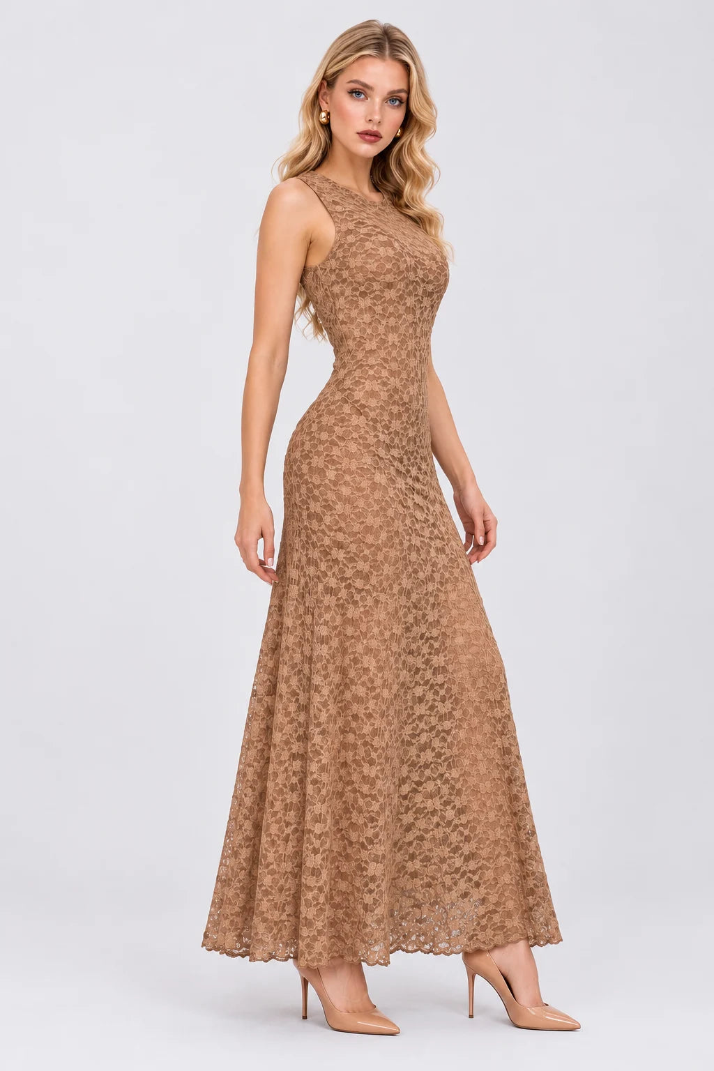 Sleeveless Crew Neck Lace Column Maxi Dress in Tan [erp-image:25f897bdf1b548ed8561eec8]