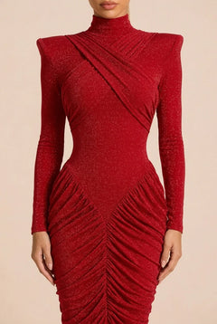 Red Glitter High Neck Ruched Long Sleeve Maxi Evening Dress with Shoulder Pads [erp-image:863453789b4610459f59e276]