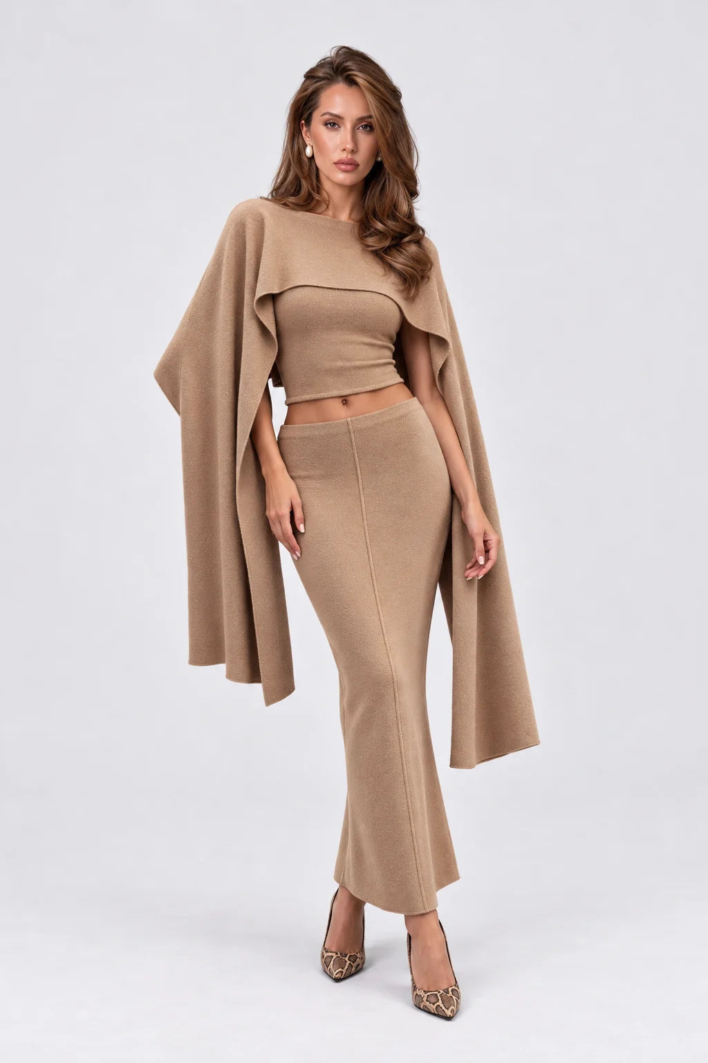 Knitted Capelet Tube Top High Waist Maxi Skirt Three Piece Set [erp-image:bf14a628753514166e9a4236]