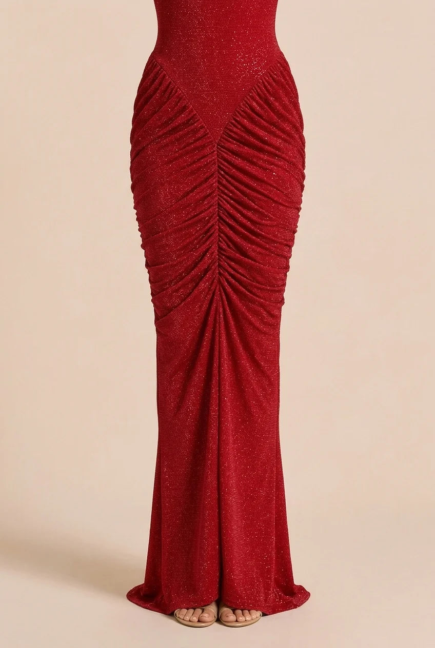 Red Glitter High Neck Ruched Long Sleeve Maxi Evening Dress with Shoulder Pads [erp-image:c84ac8c13cb057d0165625b7]