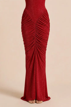 Red Glitter High Neck Ruched Long Sleeve Maxi Evening Dress with Shoulder Pads [erp-image:c84ac8c13cb057d0165625b7]